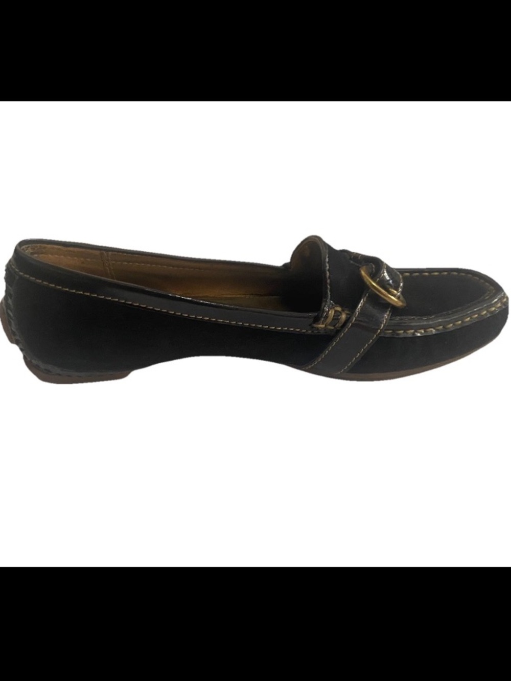Coach Women Size 8.5 Sharin Black Leather Suede Buckle Patent Trim Loafers Shoe - Picture 7 of 14